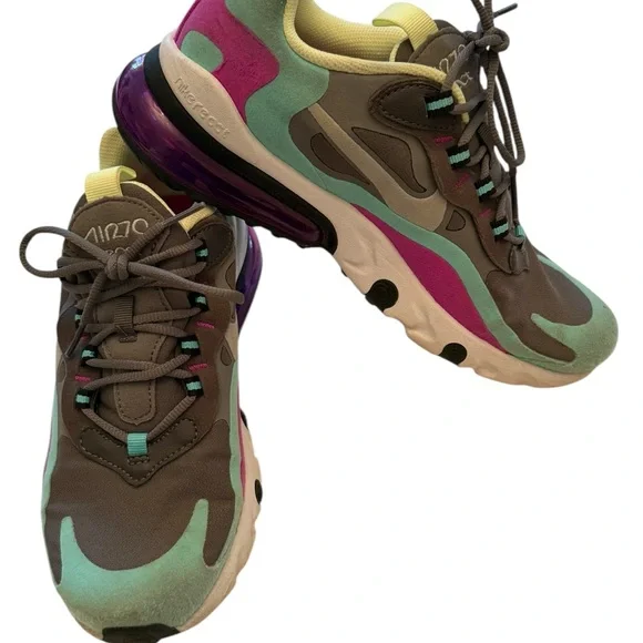 Nike Air Max 270 Sneakers - React Run Girls Size 6Y Gray, Green, Purple, Yellow - Picture 5 of 14